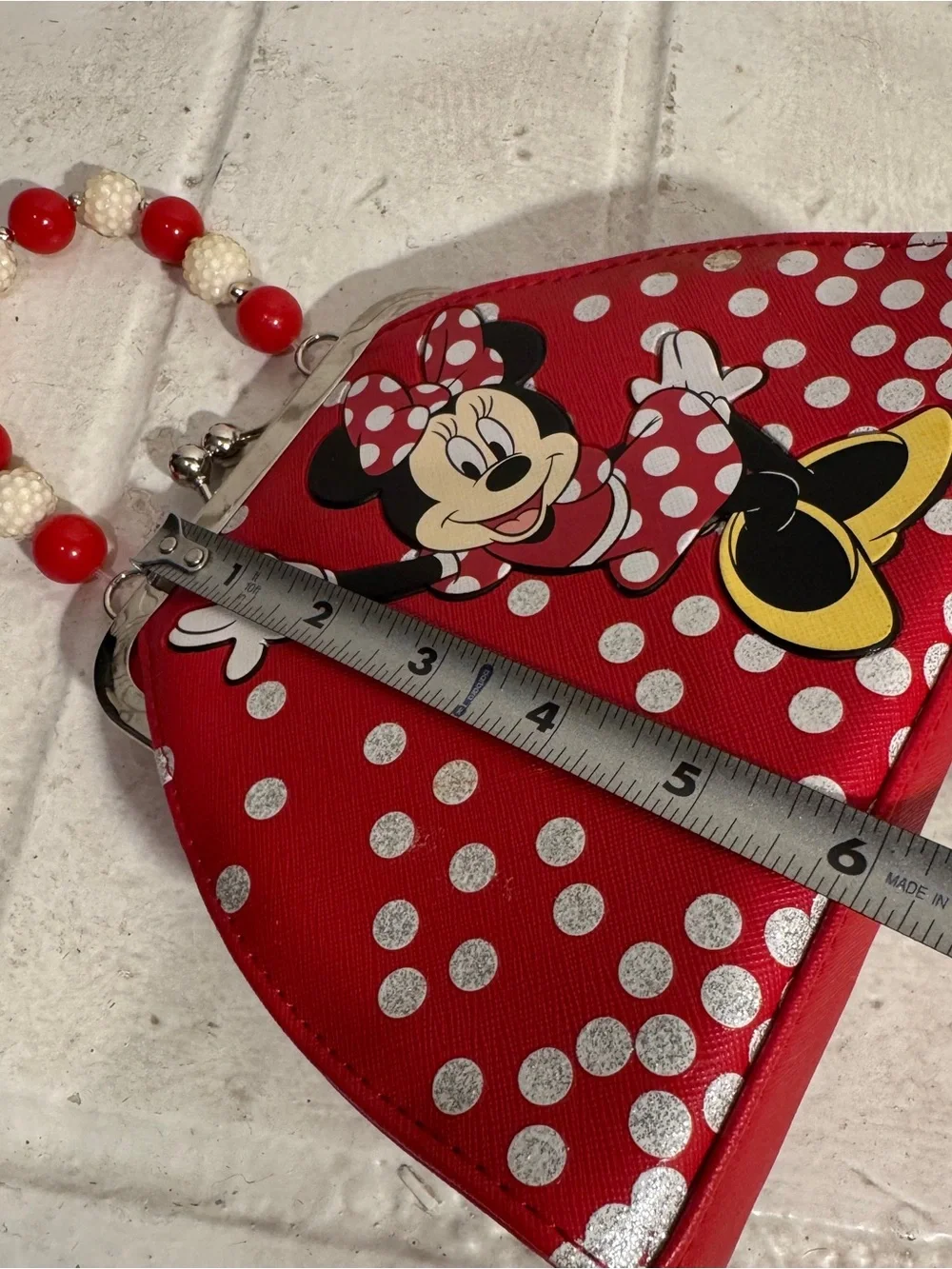 Vintage Disney Minnie Mouse Handbag Chunky Beaded Handle Red Polka Dot Bow Clasp